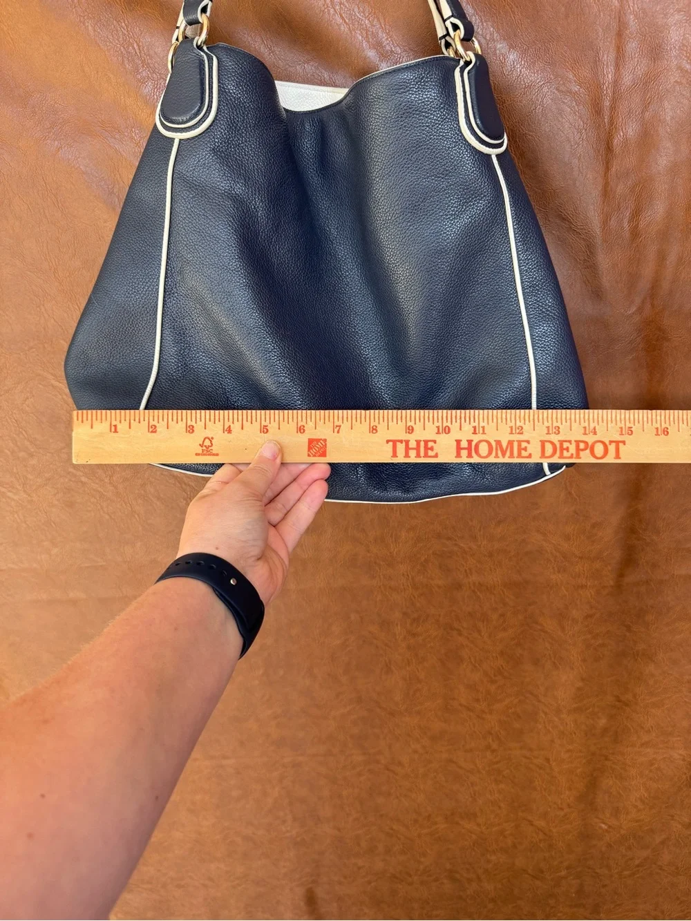 Coach Edie Large Navy Blue Cream Pebbled Leather Horse Carriage Hobo Bag